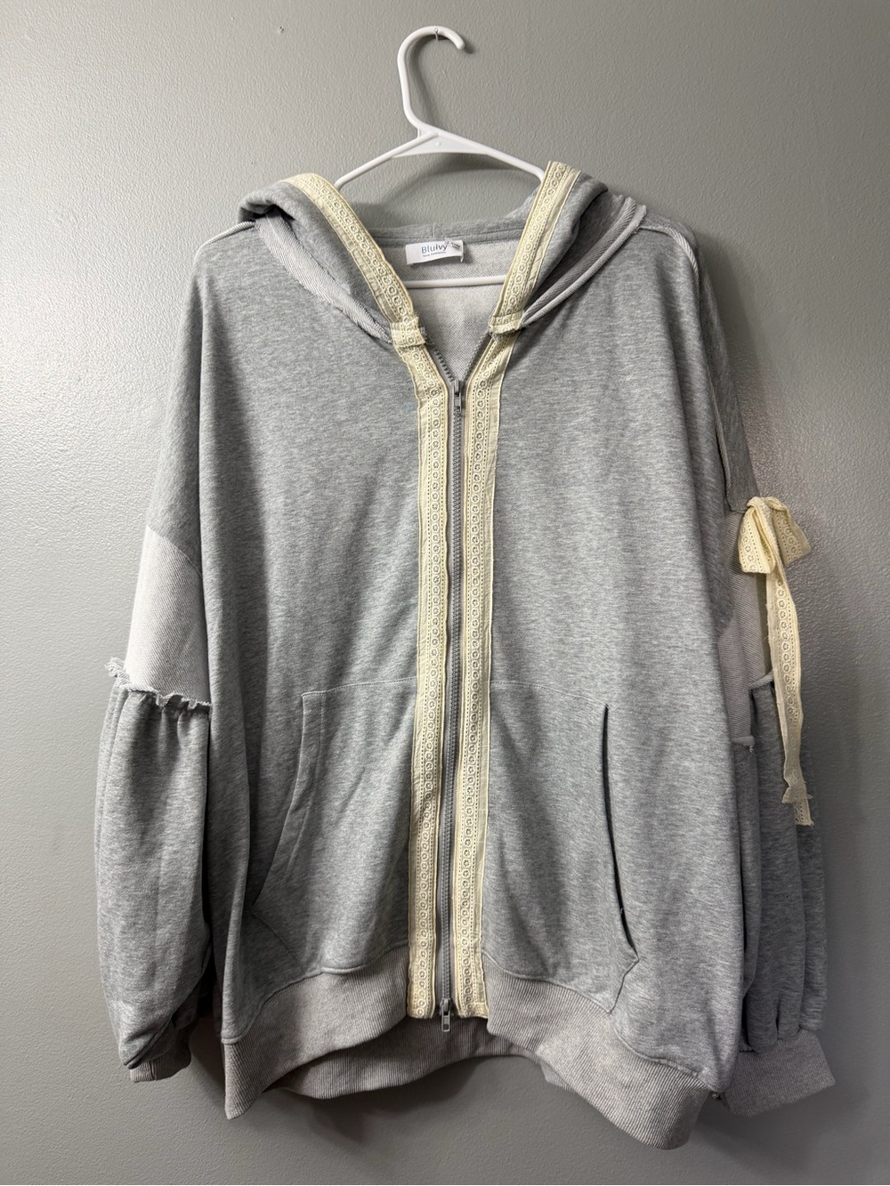 Balloon Sleeve Lace Bow Trimmed Zip Up Hoodie Light Gray large